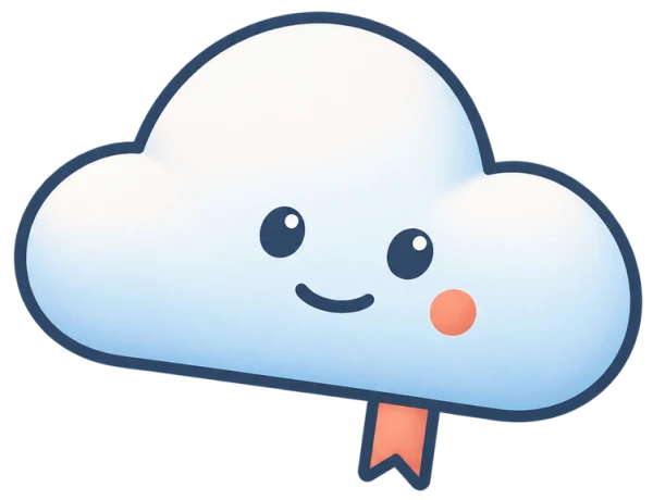 Hovry, a soft cloud with a coral cheek and a bookmark ribbon, leaning in to say hi