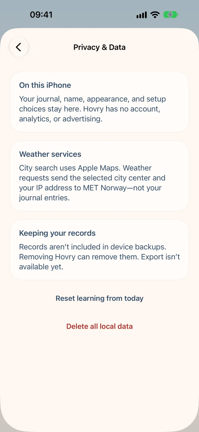 Hovry's Privacy and Data screen, with Delete all local data.